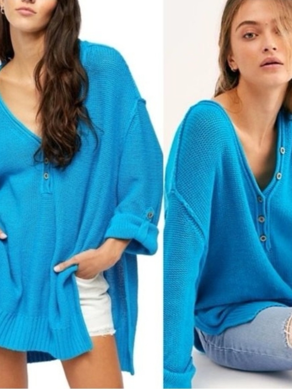 We The Free Bright Teal V-Neck Button-Front Knit Sweater